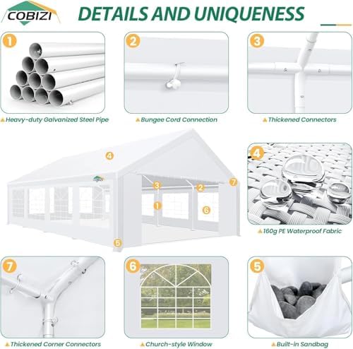COBIZI 20x30 Heavy Duty Party Tent Outdoor Waterproof Canopy with 12 Church W...