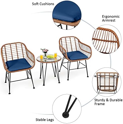 Tangkula 3 Pieces Patio Conversation Bistro Set, Outdoor Wicker Furniture w/R...