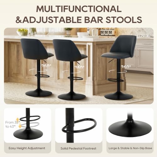 COLAMY Bar Stools Set of 3, Modern Swivel Bar Chairs, Adjustable PU Leather U...