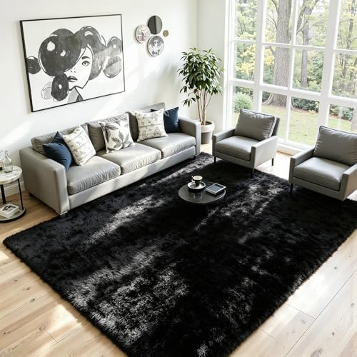 6x9 Fluffy Area Rug for Living Room: Soft Non-Slip Black Bedroom Carpet