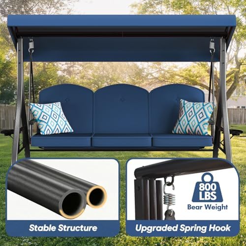 ZZW 3 Seat Outdoor Porch Patio Swing with Stand 800lbs 2-in-1 Convertible Swi...