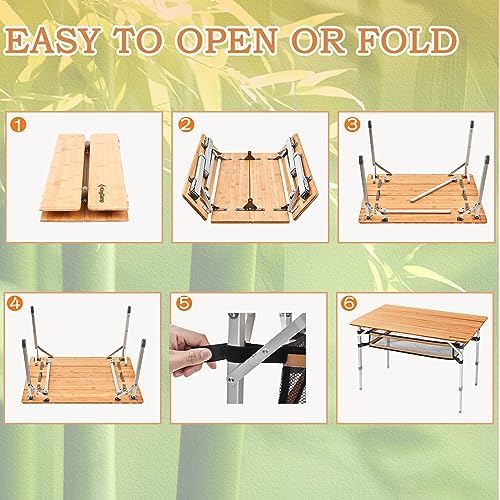 KingCamp Bamboo Folding Table Camping Table with Large Storage Bag Adjustable...