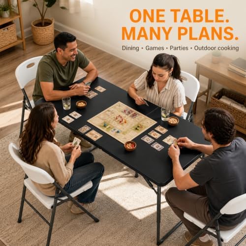 4FT Folding Table 3 Levels Adjustable Height, Heavy Duty Fold-in-Half Portabl...