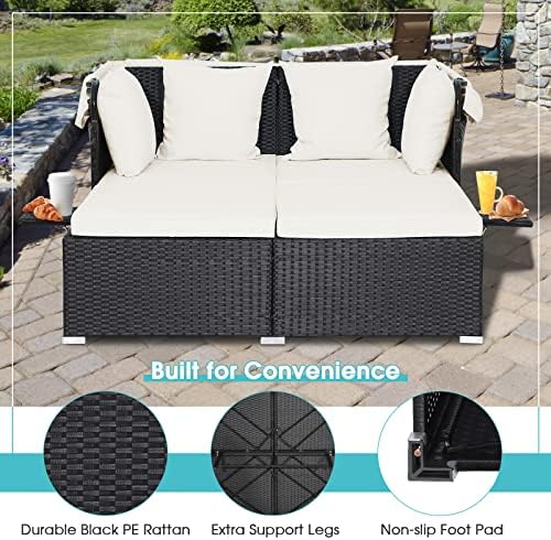 Moccha Outdoor Daybed with Retractable Canopy, Wicker Cabana with 2 Side Tabl...