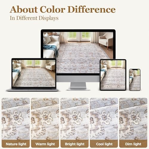 WITSHOCK Washable Area Rug 12x15 Non-Slip Floral Carpet, Gray/Light Blue