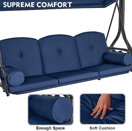 HOMREST 3 Seat Porch Swing with Adjustable Canopy, Patio Swing with Stand