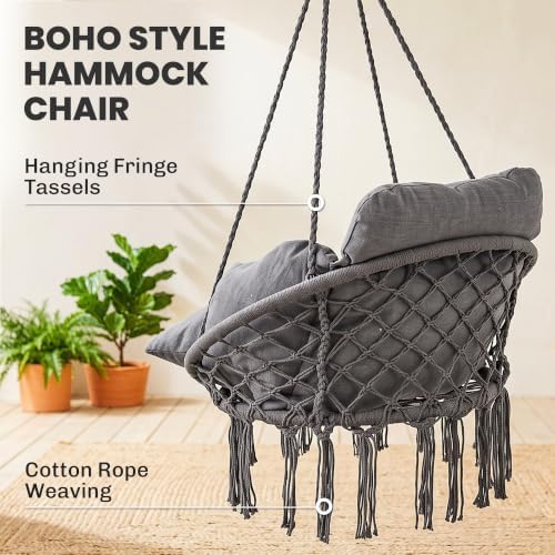 Outsunny Hammock Swing Chair w/Large Cushion Cotton Rope Chain Dark Gray