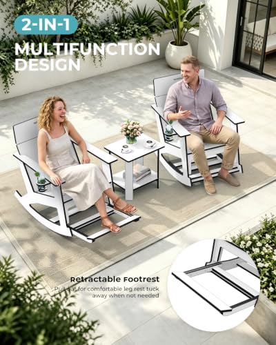 Ciokea Outdoor Rocking Chair with Pull-Out Footrest, Solid Backrest, White