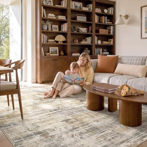 Uermei 9x12 Area Rug for Living Room Washable Abstract Golden Brown Carpet