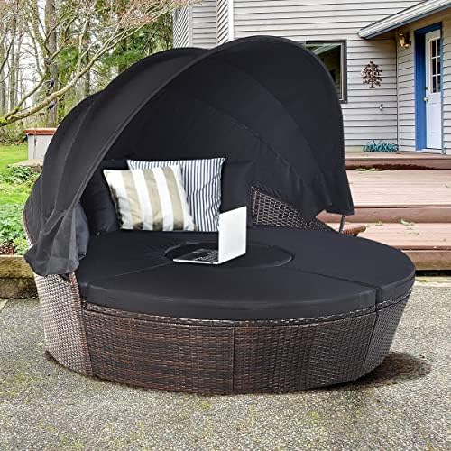 HAPPYGRILL Outdoor Daybed with Canopy, Wicker Rattan Sectional Sofa with Coff...