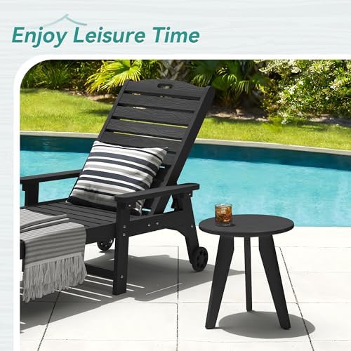 HDPS Outdoor Side Table, Small Round End Table for Outdoor, Black