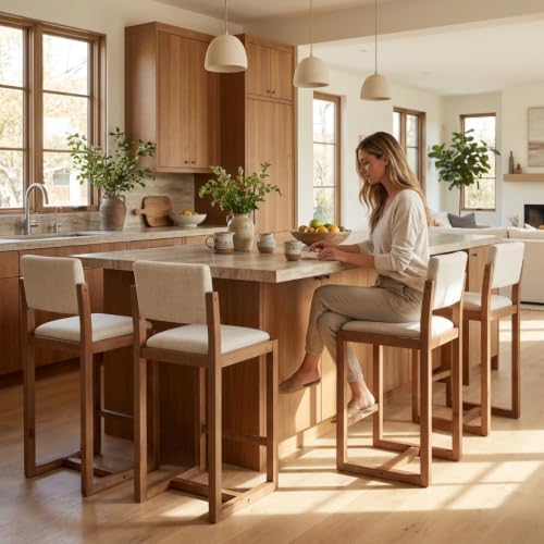 LukeAlon 26" Open Back Linen Counter Stools Set of 4, Beige