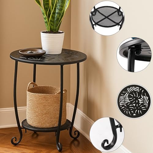 2-Tier Metal Round Side Table Set of Two Black Accent Coffee Tables Small Spa...