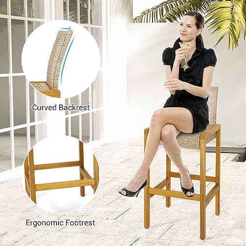 HAPPYGRILL Wicker Bar Stools Set of 4, Patio Chairs with Solid Wood Frame, Er...