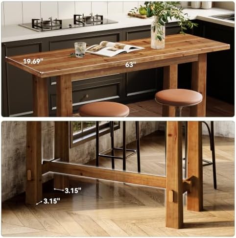 Solid Wood Bar Table, 63-Inch Farmhouse Bar Height Pub Table for Kitchen Dini...