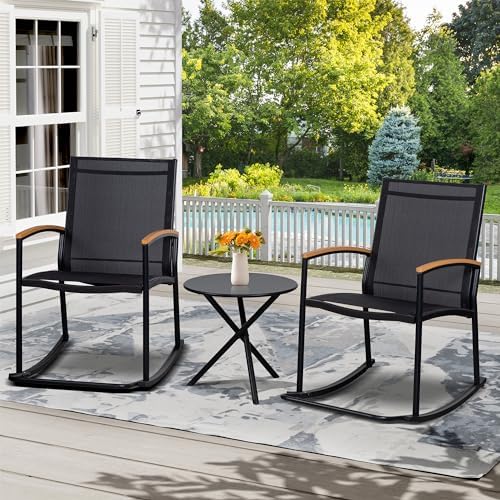 Shintenchi 3 Piece Outdoor Rocking Bistro Set, Textilene Fabric Small Patio F...