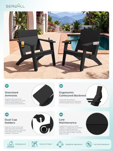 SERWALL Modern Adirondack Chair Set of 2, Cup‑Holder,Solid Backrest, Black