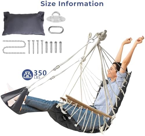 Hammock Chair Hanging Swing,with Footrest&Wooden Armrest;Dark Grey