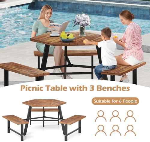 GIANTEX Picnic Table Bench Set for 6, Acacia Wood Outdoor Dining Table Set wi...