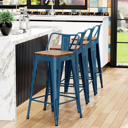 24" Barstools Set of 4 Counter Height Bar Stools Side Chair-Distressed Navy