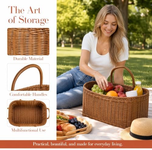 Sewroro Picnic Basket with Handles Handmade Plastic Woven Basket Multifunctio...