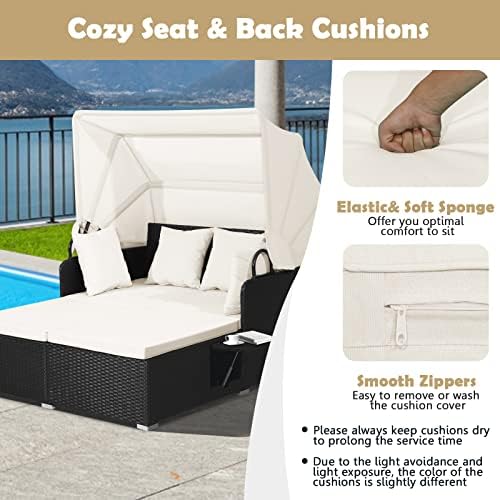 Tangkula Patio Rattan Daybed with Retractable Canopy, Outdoor Wicker Sunbed L...