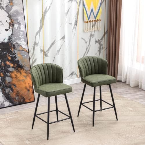 Green Leather Bar Stools Set of 2 Mid Century Modern Counter Stools 26 Inch C...