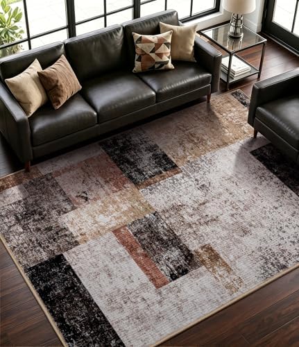 YIHOUSE Modern Washable 5x7 Area Rugs for Living Room, Black Geometric Patchw...