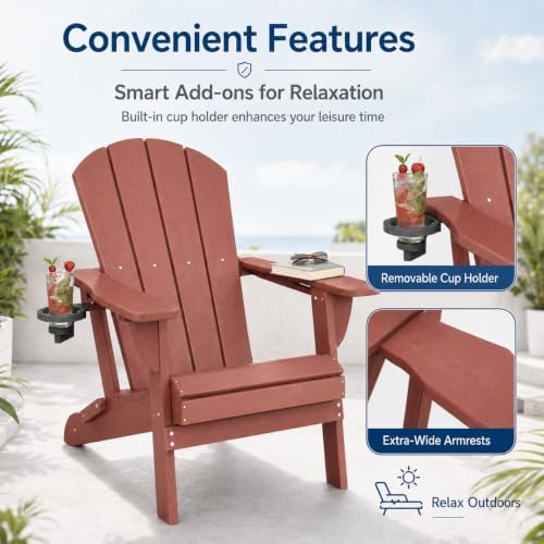 Folding Adirondack Chairs Set of 2 with Cup Holder, Heavy Duty HDPE Plastic O...