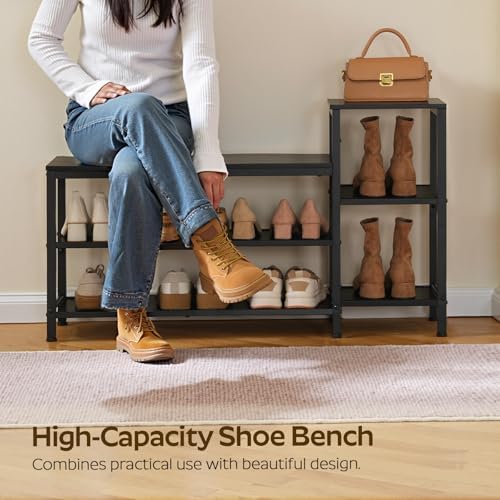 YATINEY 3-Tier Shoe Rack Bench, Wooden Shoe Storage Bench, Industrial Entrywa...