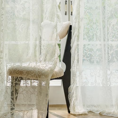 TUDECO Ruffle Curtains 2 Panels - Vintage Tulle Floral Lace Cream Sheer Curta...
