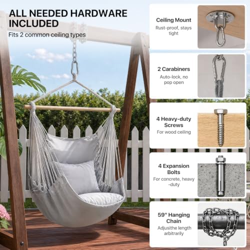 Athena Collection Hammock Chair Hanging Rope Swing, Gray
