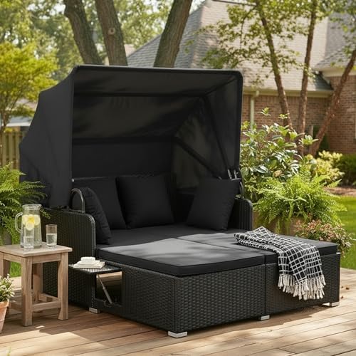 Tangkula Patio Rattan Daybed with Retractable Canopy, Outdoor Wicker Sunbed L...