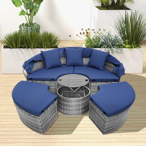 RELAX4LIFE Round Outdoor Daybed with Canopy, Rattan Wicker Sectional Sofa Set...