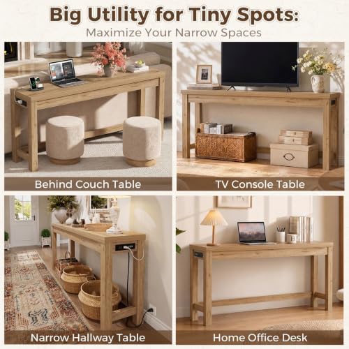 Cyclysio 63" Console Table with 2 AC Outlets & 3 USB Ports, Natural Oak