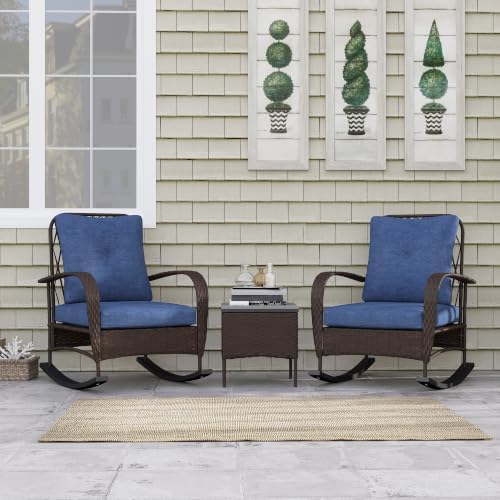 Outsunny 3 Piece Wicker Patio Furniture Set Rocking Chairs Cushions Brown