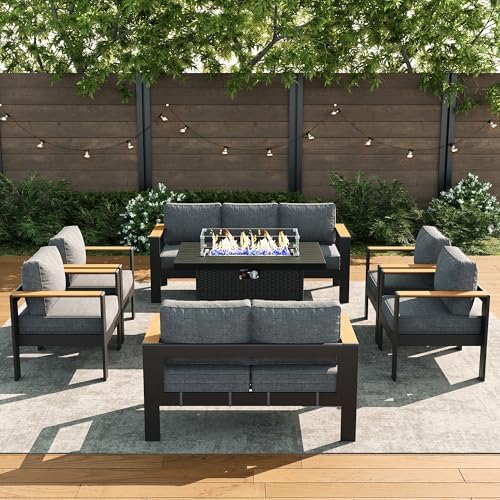 LayinSun 7 Piece Aluminum Outdoor Furniture Set with Fire Pit Table