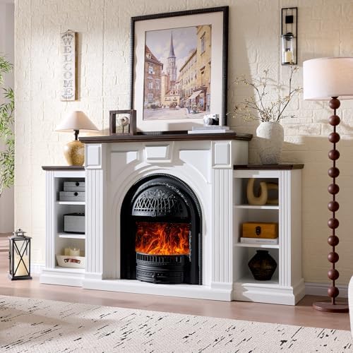 Farmhouse Electric Fireplace with Mantel, 76" Fireplace TV Stand Enterta...