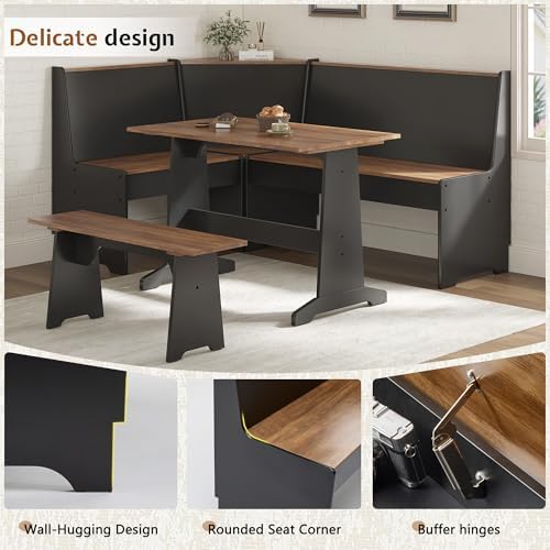 LUXOAK 3-Piece Corner Dining Set with Hidden Storage, Black Oak