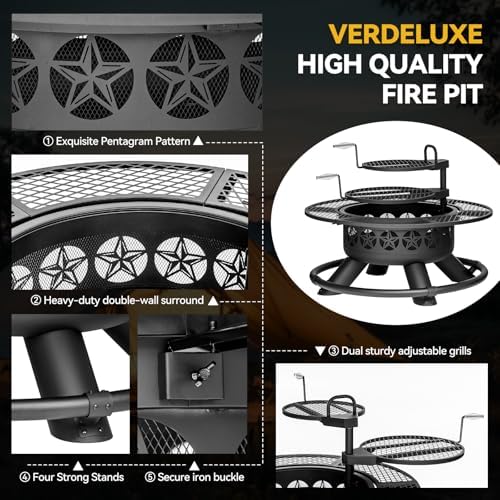 Verdeluxe 47 Inch Outdoor Fire Pit with 2 Grills, Extra Large BBQ Firepits