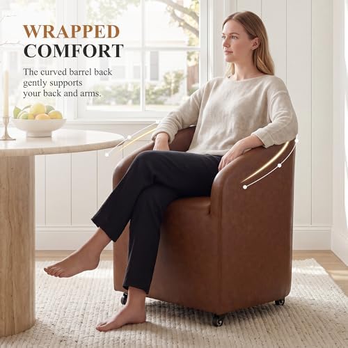 CIMOTA Brown PU Leather Barrel Dining Chairs with Wheels, Set of 6 — Modern U...