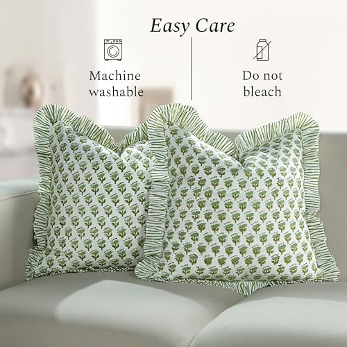 CPC Block Print Ruffle Throw Cover Emerald Green 20"x20" Inch Pack ...