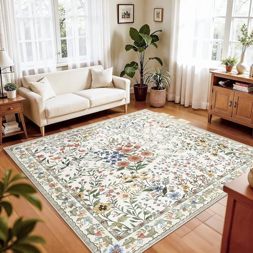 6x6 Washable Area Rug Living Room: Floral Non-Slip Washable Mat for Indoor Fl...