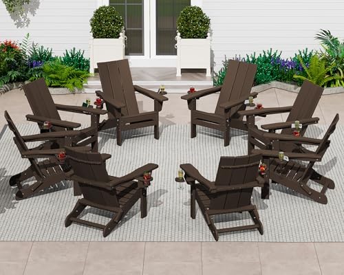 SERWALL HDPE Modern Folding Adirondack Chairs Set of 2, Cup Holders, Coffee