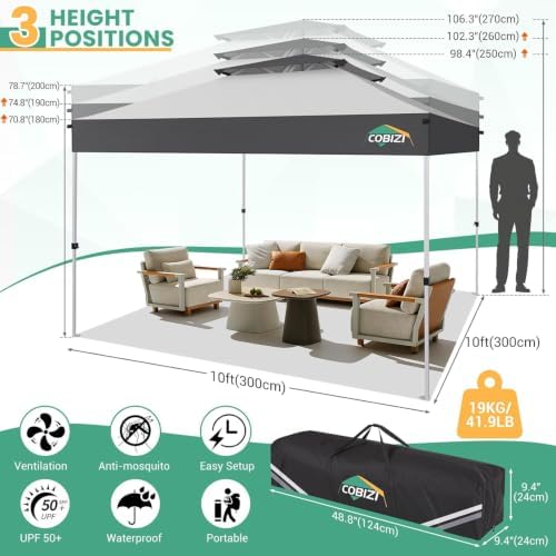 COBIZI 10x10 Pop Up Gazebo with Mosquito Netting,Double Roof,Dark Gray&Gray