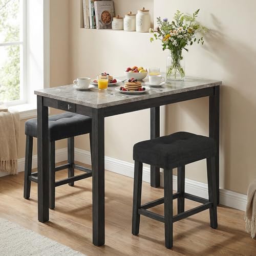 COSTWAY 3-Piece Wooden Bar Table Set with Charging Station
