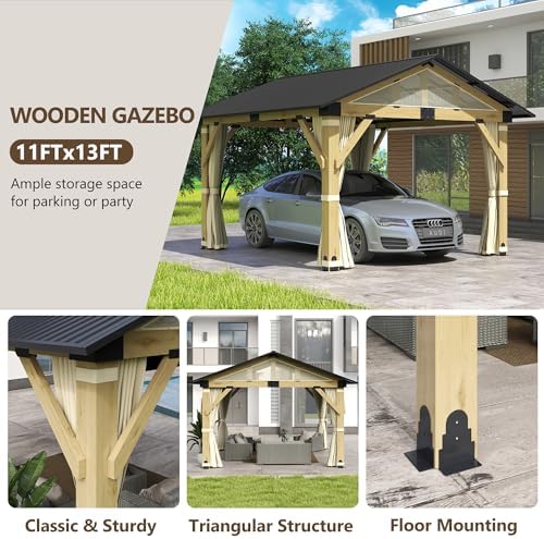 11'x13' Wood Gazebo, Outdoor Hardtop Gazebo, Cedar Frame Wooden Gazeb...