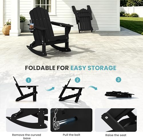 Ciokea Adirondack Rocking Chair with Footrest, Folding HDPE Rocker (Black)