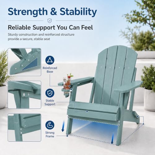 Folding Adirondack Chair with Cup Holder and Phone Holder, Heavy Duty HDPE Pl...
