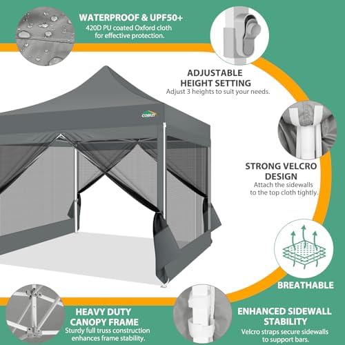 COBIZI 10x10 Heavy Duty Pop Up Canopy Tent with 4 Mosquito Netting Walls